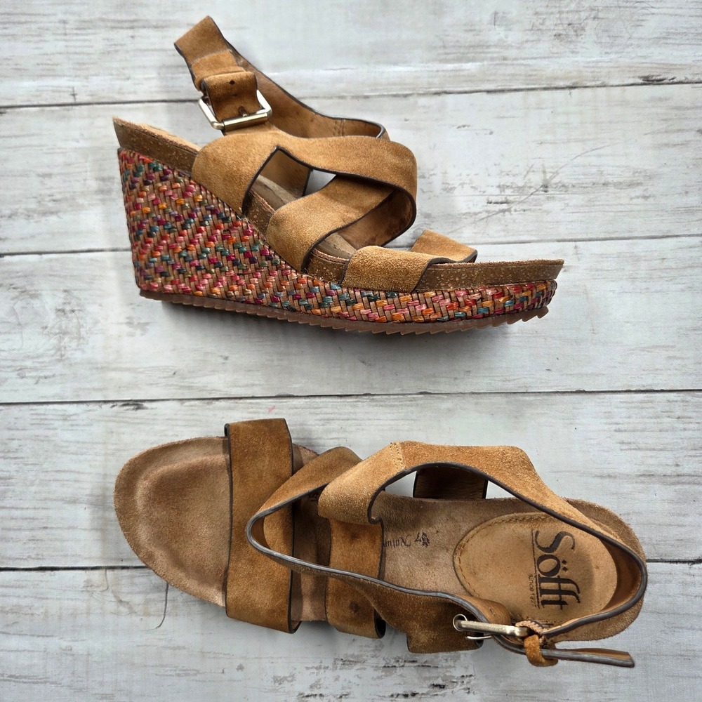 Sofft Wedge Sandals Woven Straw Platform Women 8M Tan Multi Suede Buckle